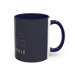 The Home Style Accent Coffee Mug — Navy Interior with Living Room Line Art