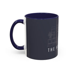 The Home Style Accent Coffee Mug — Navy Interior with Living Room Line Art