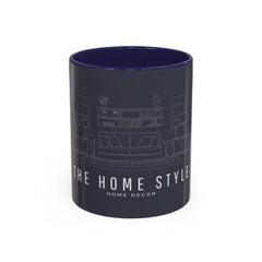 The Home Style Accent Coffee Mug — Navy Interior with Living Room Line Art