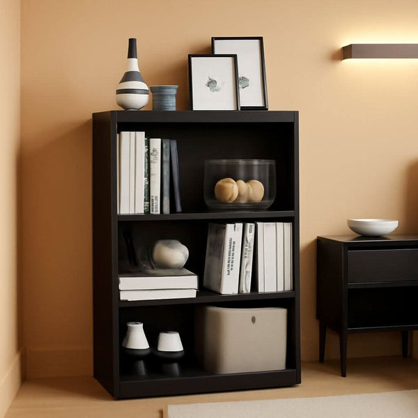 3 tier bookcase, adjustable bookshelf, home office storage shelf, modern book storage rack, wooden bookcase organizer