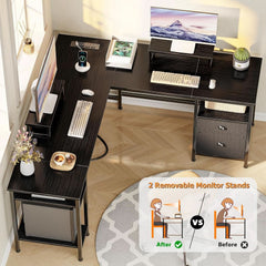 Fifty Nine Inch L Shaped Desk With Black Storage Drawers Unit