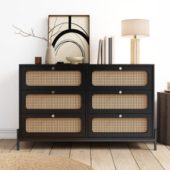 Modern hemp vine wood closet with 6 drawers, dressing table, wooden storage cabinet side panel, black