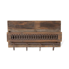 Farmhouse Wall Shelf with Hooks and Metal Lattice Accent