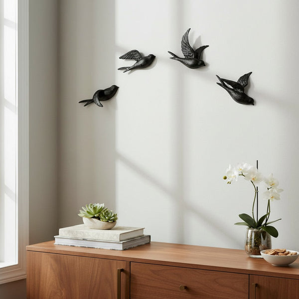Bird Wall Hooks, Cast Iron Set of 4, Natural Iron Finish