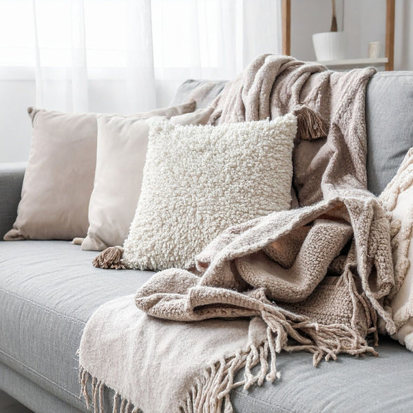 Gray sofa with beige cushions and a blanket in a cozy living room setting