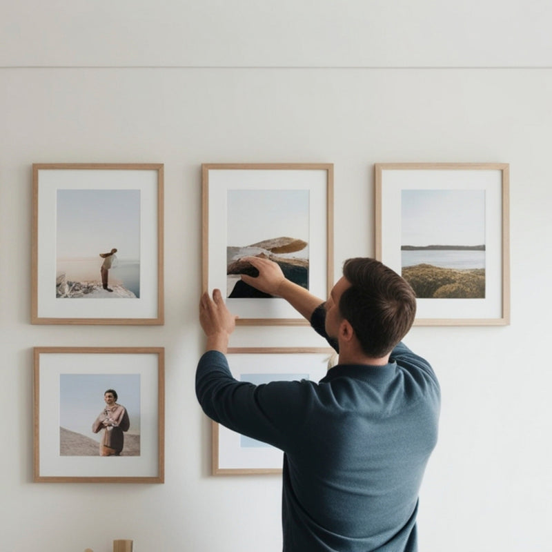 Man arranging framed photographs on a wall