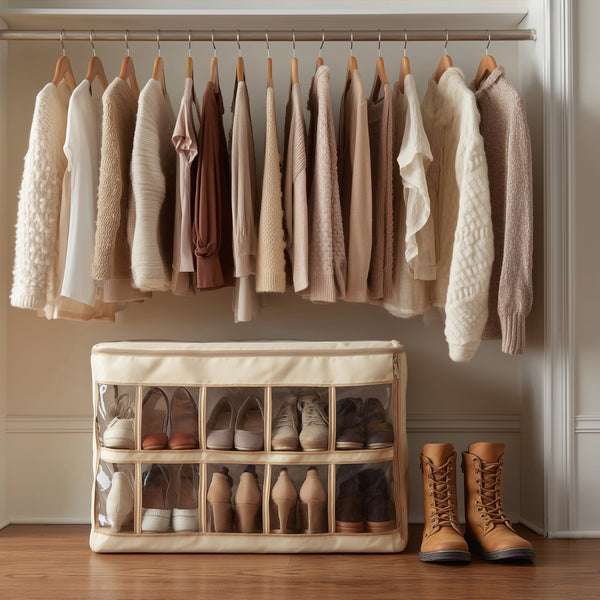 Clothing hanging on a rack with a shoe storage basket below, featuring various shoes.